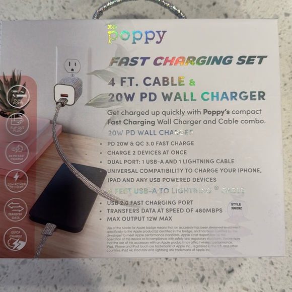 NIP🎀💎xo poppy bling💎🎀20W PD Fast Charging 1 USB-A + Lightning Cable Bling combo - Picture 11 of 11